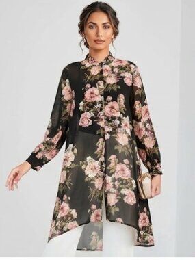 LAST ONE 🔥 Floral Print High Low Sheer Chiffon Blouse